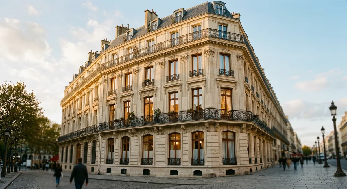 Façade d'immeuble haussmannien parisien en fin de journée