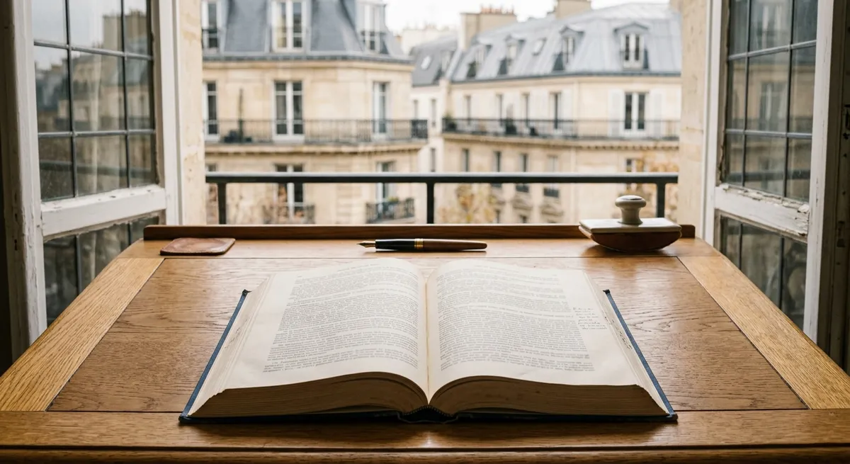 Livre de droit ouvert devant un immeuble parisien