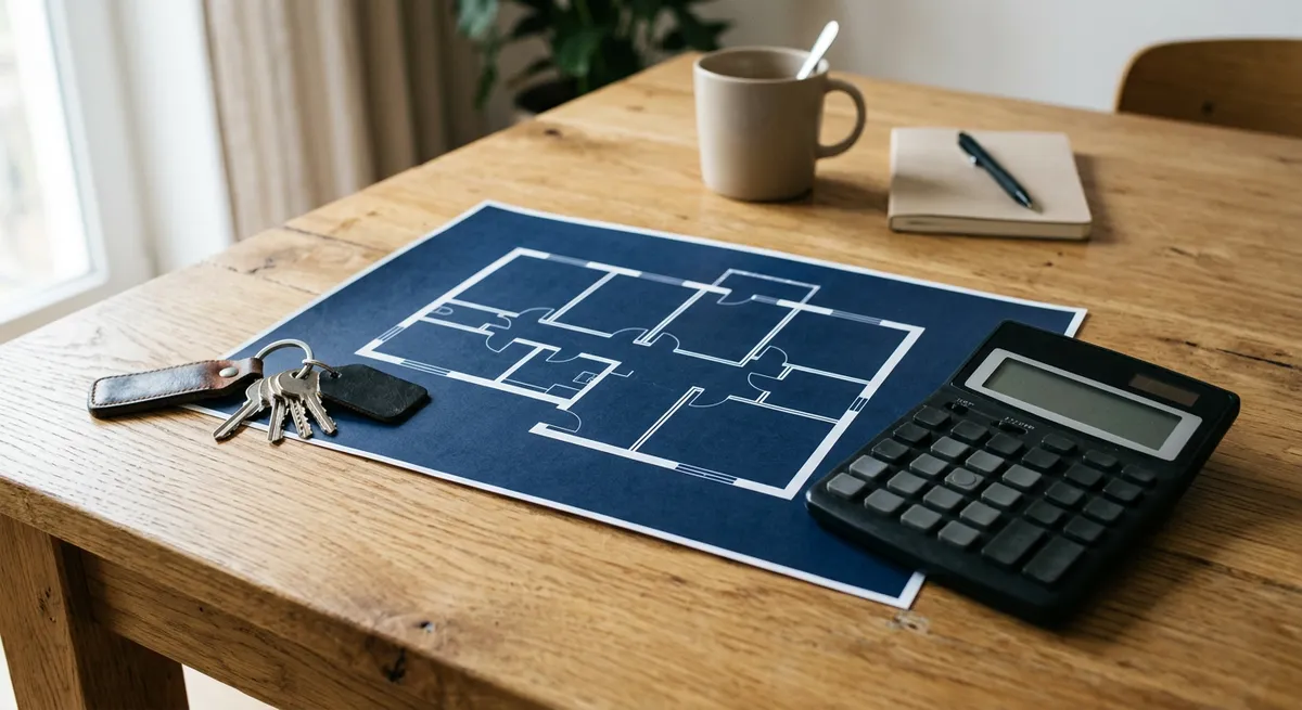 Plan d'appartement, clés et calculatrice sur une table