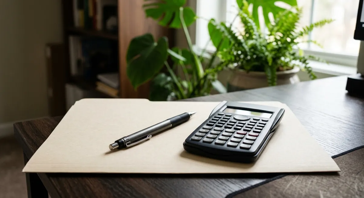 Calculatrice et stylo sur un dossier