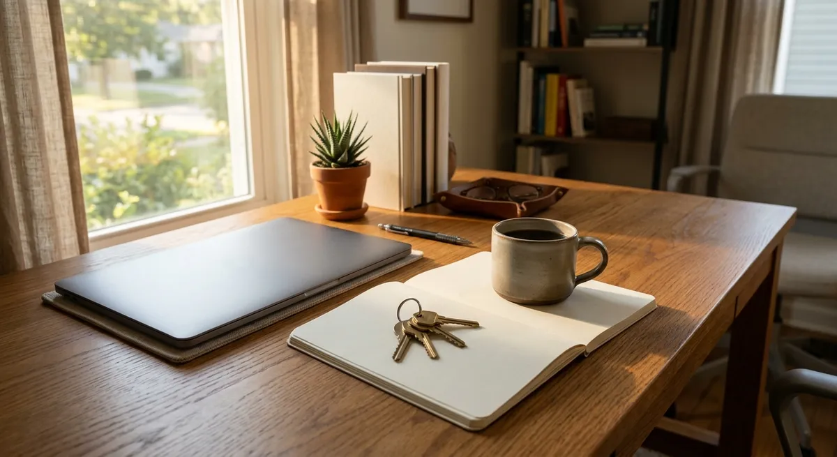 Bureau avec ordinateur, tasse et cahier